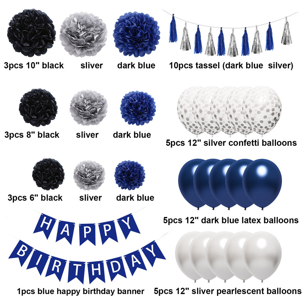 Ouddy Party Blue Birthday Balloons - Happy Birthday Banner Silver Blue Confetti Latex Balloons Paper Poms Tassels Decorations for Men